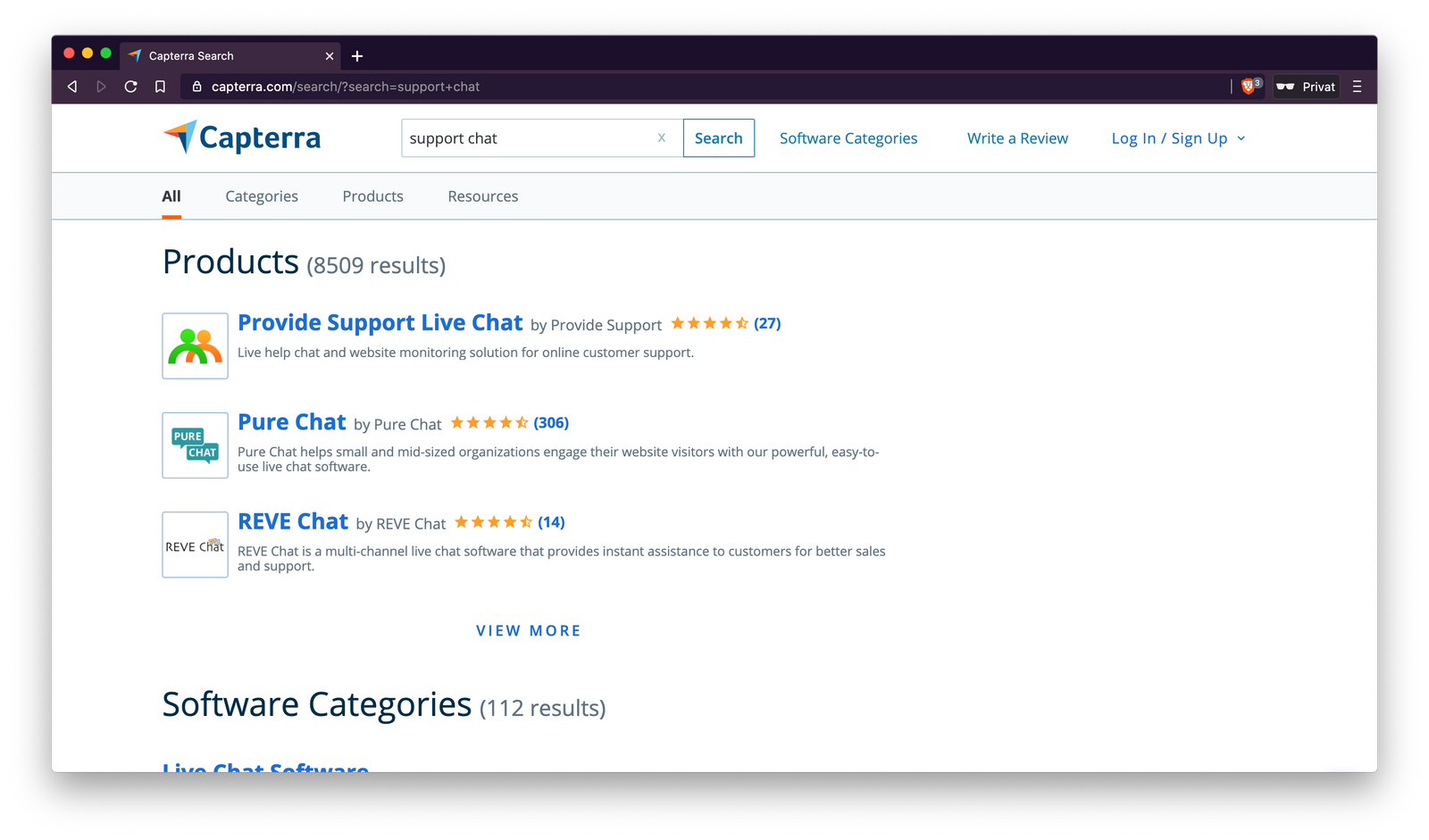 Searching for "Support Chat" on Capterra