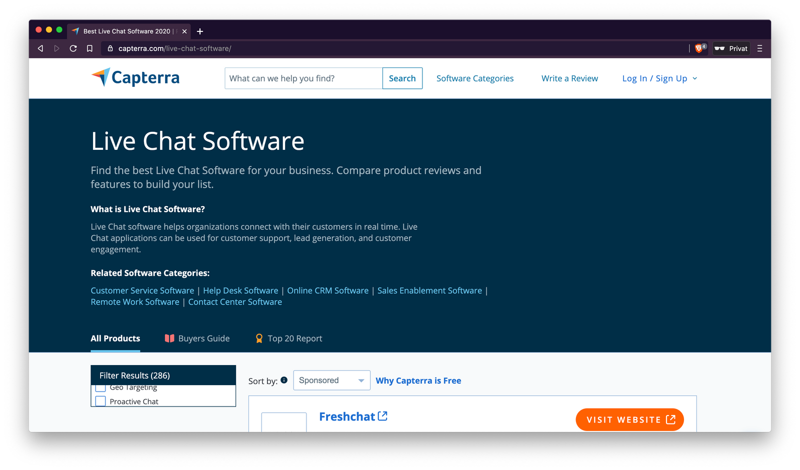 The "Live Chat Software" category on Capterra