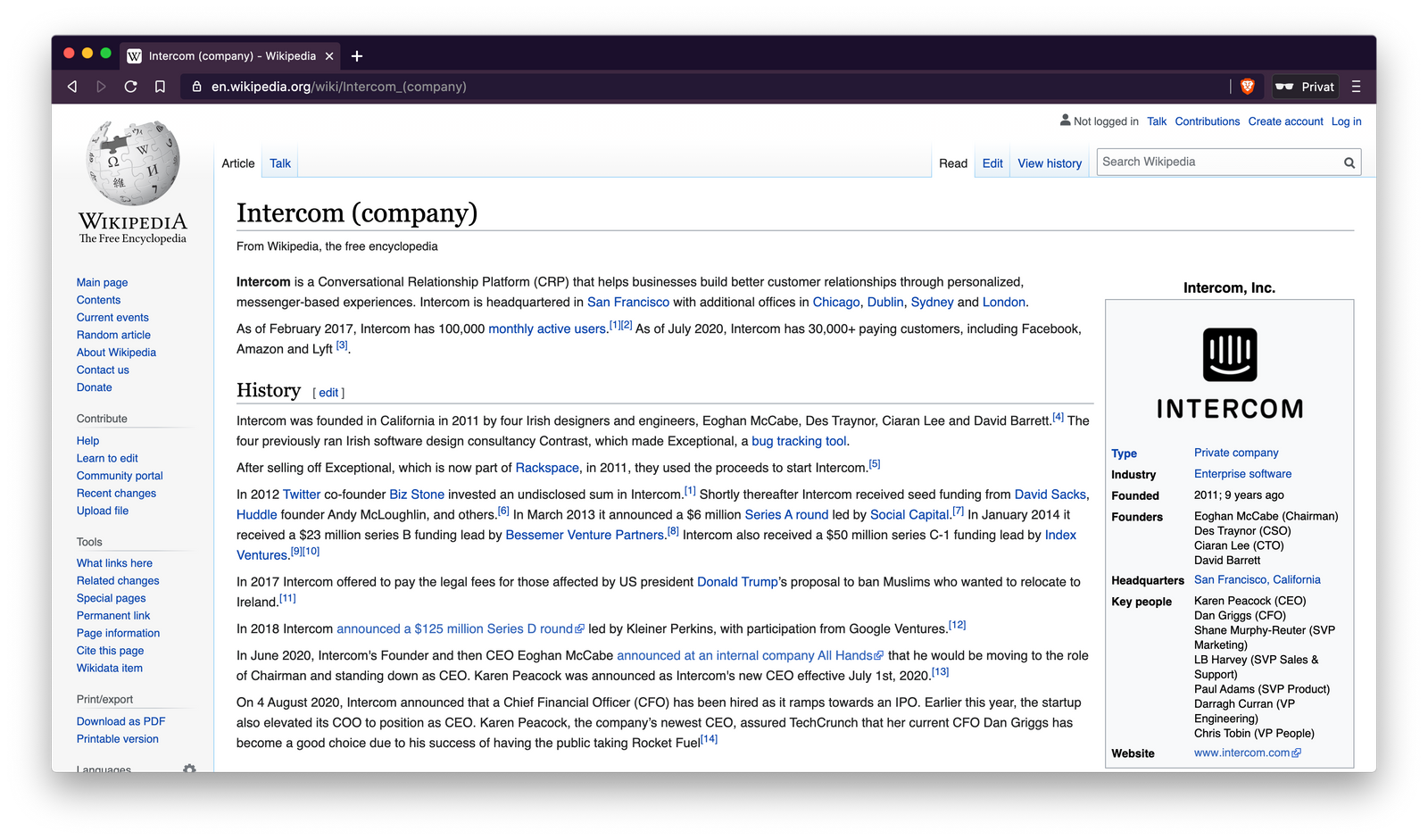 Wikipedia page for Intercom (company)