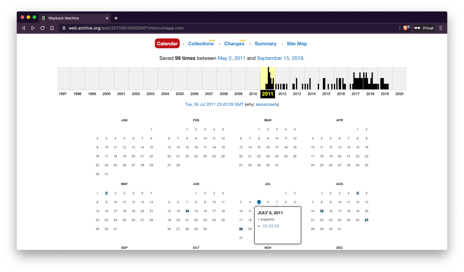 Selecting a date on the Wayback Machines calendar view